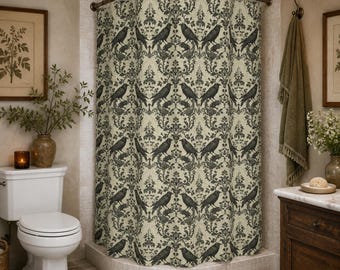 Moody Raven Botanical Shower Curtain, Vintage Gothic Bird Bath Decor, Dark Academia Bathroom Curtain, Cottagecore Nature Decor
