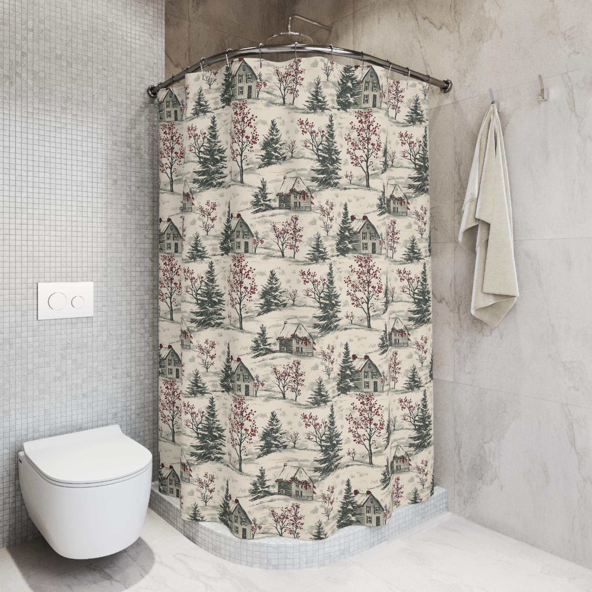 Christmas Toile Shower Curtain, Winter Scene, Home Decor, Bathroom ...