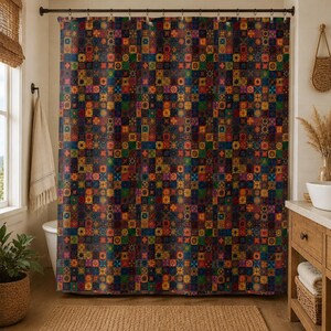 Colorful Faux Patchwork Shower Curtain, Boho Mosaic Bathroom Decor, Rustic Eclectic Bath Curtain, Vintage Tile Style Shower Curtain