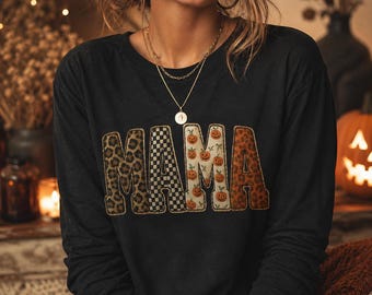 Halloween Mama Shirt, Cute Pumpkin Mama Long Sleeve Shirt, Fall Mama Shirt, Spooky Season Graphic Tee, Trendy Halloween Mom Shirt