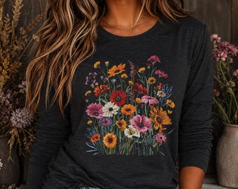 Wildflower Long Sleeve Shirt, Floral Garden Graphic Tee, Boho Flower Shirt, Botanical Nature Shirt