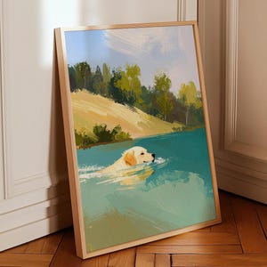 Golden Retriever Swimming in the Lake Print - Dog Art Poster - Print in Matte Paper