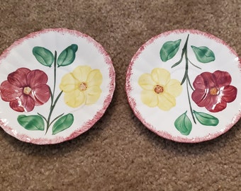 May include: Two white ceramic saucers with a red, yellow, and green floral design. The saucers have a pink rim.