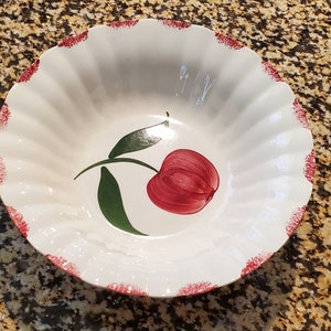 May include: White ceramic bowl with a red and green apple design. The bowl has a scalloped edge and a red rim.