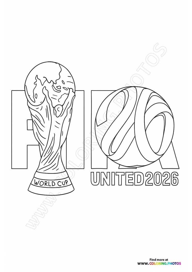 May include: Black and white line art of the FIFA World Cup trophy and a stylized soccer ball with the text "UNITED 2026". The trophy features a globe and figures holding it up. The image is for coloring.
