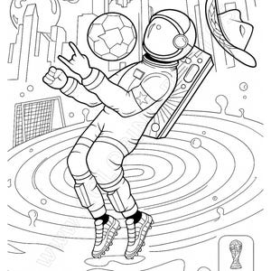May include: Black and white line art illustration for the FIFA World Cup 2026. An astronaut is depicted with a soccer ball, a cowboy hat, and the text "FIFA WORLD CUP 2026". The text "JUNE 11-JULY 19" is also present.