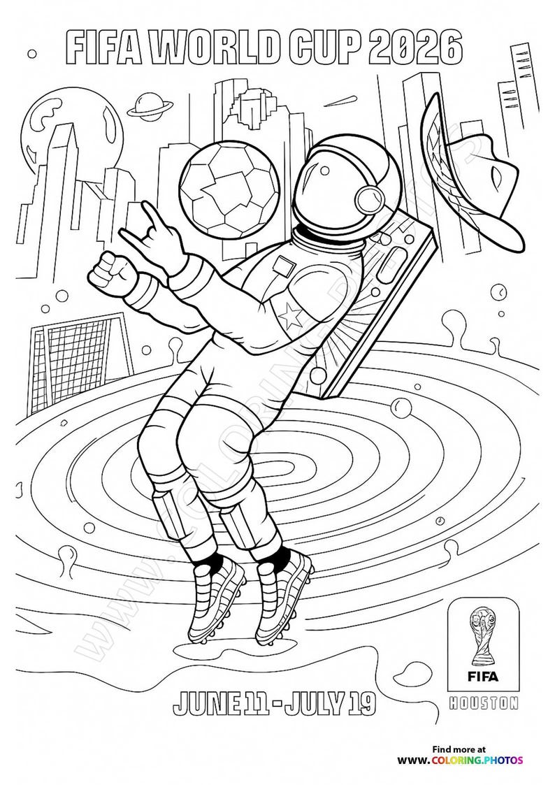 May include: Black and white line art illustration for the FIFA World Cup 2026. An astronaut is depicted with a soccer ball, a cowboy hat, and the text "FIFA WORLD CUP 2026". The text "JUNE 11-JULY 19" is also present.