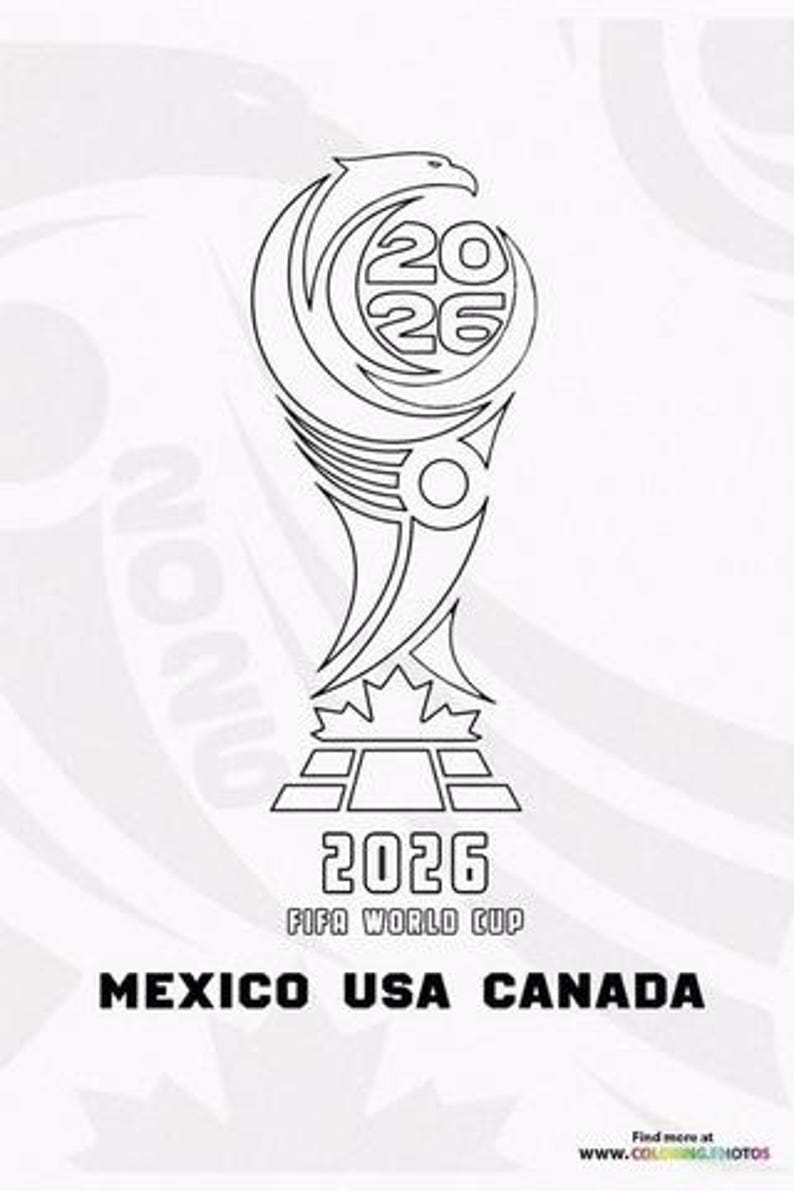 May include: Black and white line art of the 2026 FIFA World Cup trophy. The design features an eagle, the number 2026, and the text "MEXICO USA CANADA". The image is a coloring page.