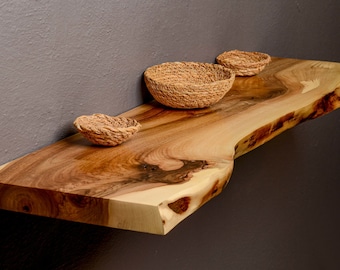 Natural Wood Floating Live Edge Kitchen Shelves - Raw Edge Rustic Wall Shelves made of Walnut Wood Wall Mounted Bathroom Shelf