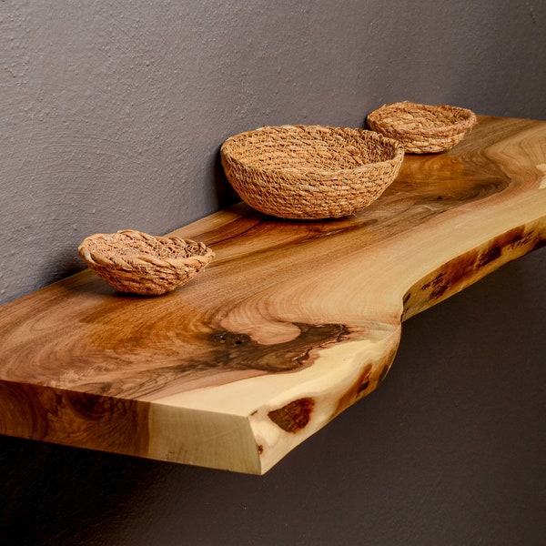 Natural Wood Floating Live Edge Kitchen Shelves - Raw Edge Rustic Wall Shelves made of Walnut Wood Wall Mounted Bathroom Shelf