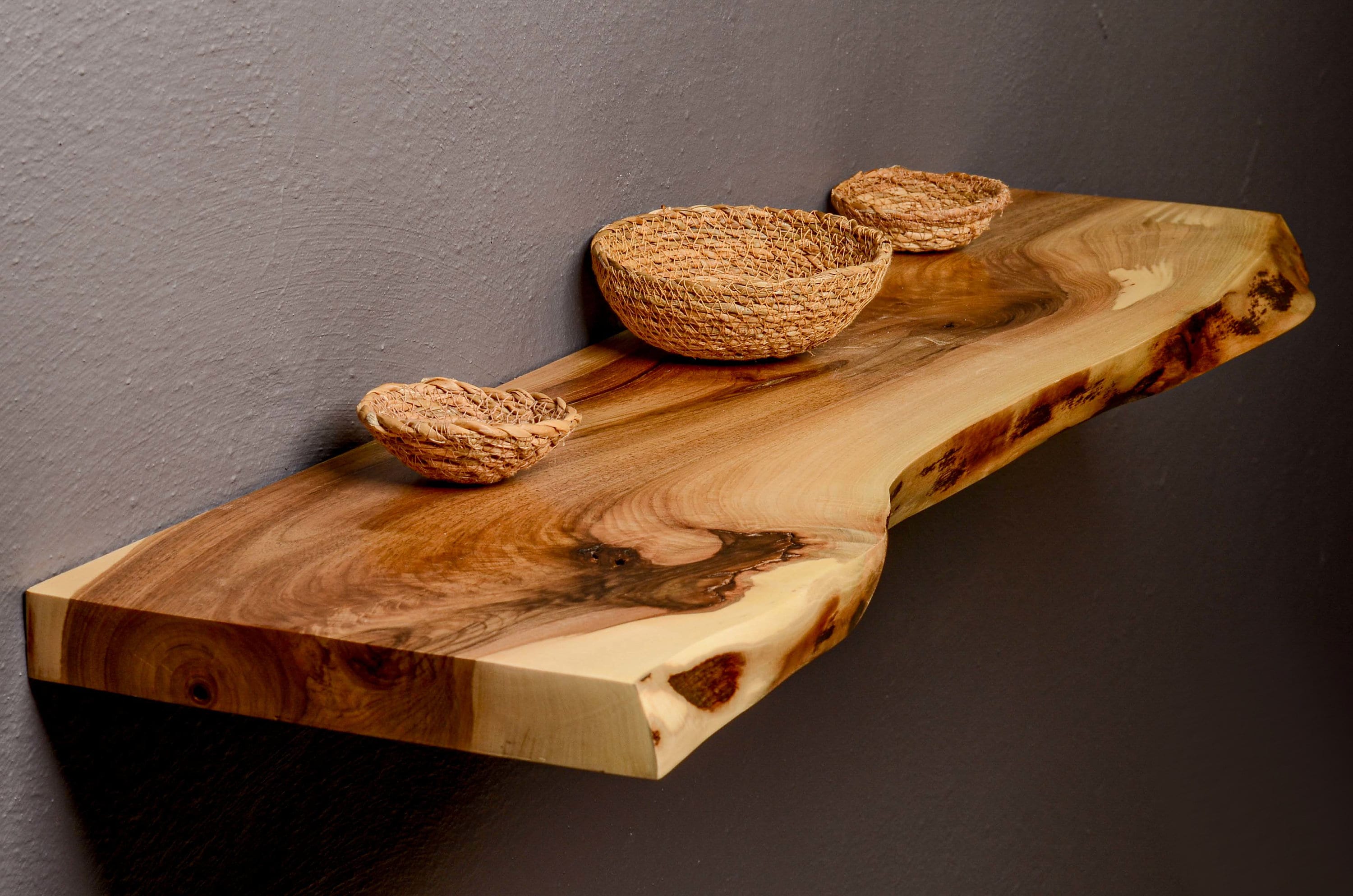 Solid Wood Floating Kitchen Shelves - Live Edge Rustic Wall Shelves made of Walnut Wood Wall Mounted Bathroom Shelf with Hidden Bracket