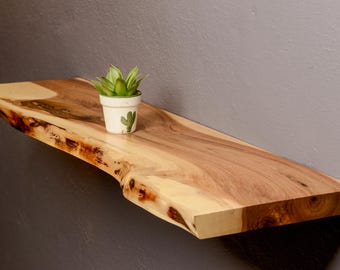 Solid Wood Floating Entryway Shelves - Rustic Live Edge Wall Shelves made of Walnut or Oak Wood Wall Mounted Bathroom Shelf with Bracket
