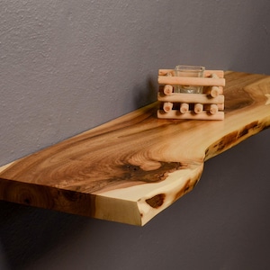 Real Wood Live Edge Floating Bathroom Shelves - Raw Edge Rustic Wall Shelves made of Walnut Wood Wall Mounted Living Room Shelf with Bracket
