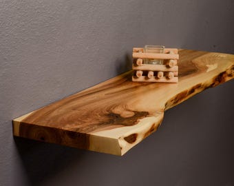 Real Wood Live Edge Floating Bathroom Shelves - Raw Edge Rustic Wall Shelves made of Walnut Wood Wall Mounted Living Room Shelf with Bracket
