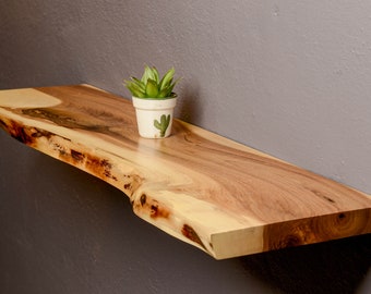 Hardwood 8” Deep Live Edge Floating Shelf, Minimalist Design, Solid Hardwoods, Choose Any Length between 12&quot; to 47&quot; Hidden Bracket Easy Hang