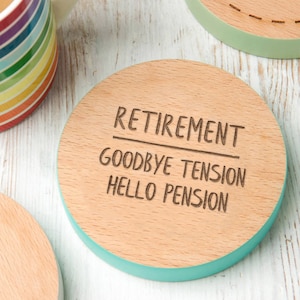 Personalized Retirement Gift - Goodbye Tension Hello Pension - Personalised Wooden Coaster For Men Women - Engraved Wood Present