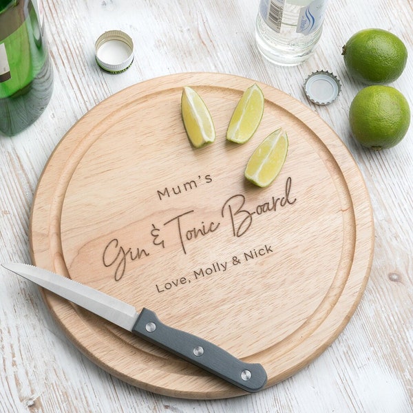 Personalised Gift, Funny Gin and Tonic Chopping Board, Gift For Wife, Gift For Mum, Round Wood Chopping Board With Engraving