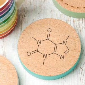 Caffeine Molecule Wooden Coaster - Science Teacher Gift - Unique Coffee Lovers Gift - Funny Engraved Birthday Chemistry Present