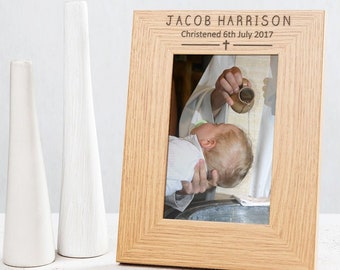 Marco de fotos grabado de bautismo de bautizo personalizado con símbolo de cruz - Regalos de bautismo personalizados para bebé - Regalos de bautizo únicos