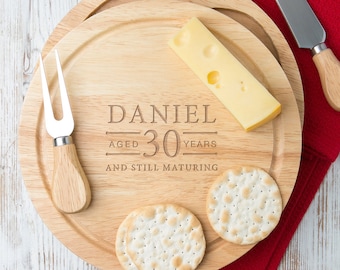 Personalised Birthday Cheeseboard Set- Unique 30th 40th 50th 60th 70th Gifts for Men - Engraved Wooden Kitchen Gifts Ideas - Cheese Tools
