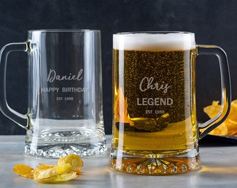 Personalised Tankard Glass - Personalized Birthday Gift for Him Men - Engraved Pint Beer Mug with Handle for Boyfriend Husband