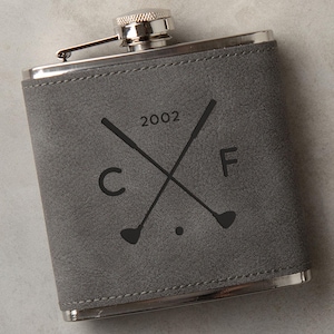 Personalized Engraved Golfing Hip Flask | Golf Gift For Dads Birthday | Mens Retirement Golf Gift | Monogram Gift For Golfer | Leather Metal