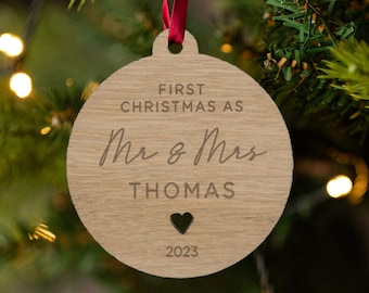 First Christmas as Mr and Mrs Ornament, Personalised Couples Bauble, 1st Xmas Married Tree Decorations, Engraved Wooden Bauble