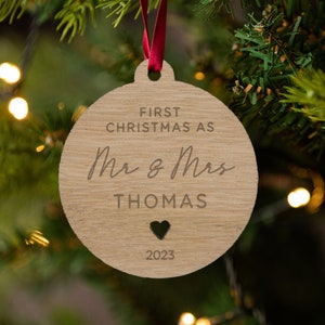 First Christmas as Mr and Mrs Ornament, Personalised Couples Bauble, 1st Xmas Married Tree Decorations, Engraved Wooden Bauble