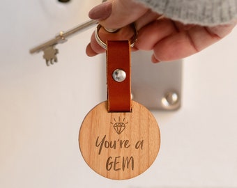 Engraved 'You're A Gem' Keyring - Unique Anniversary Gifts for Him Her - Wooden and Leather Round Key Ring Chain