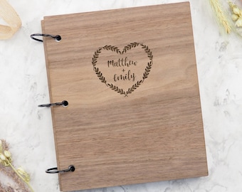 Mr and Mrs Gift, Wooden Scrapbook with Engraved Heart Wreath, Personalised Wedding Guest Book, Notebook For Couples, Memory Photo Album