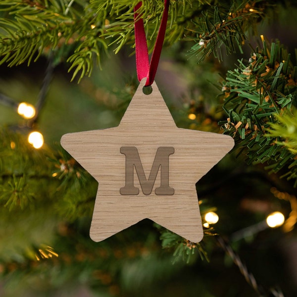 Star Shaped Christmas Bauble, Personalised Christmas Ornament with Initial, Xmas Tree Decorations, Engraved Letter Ornament, Wooden Ornament