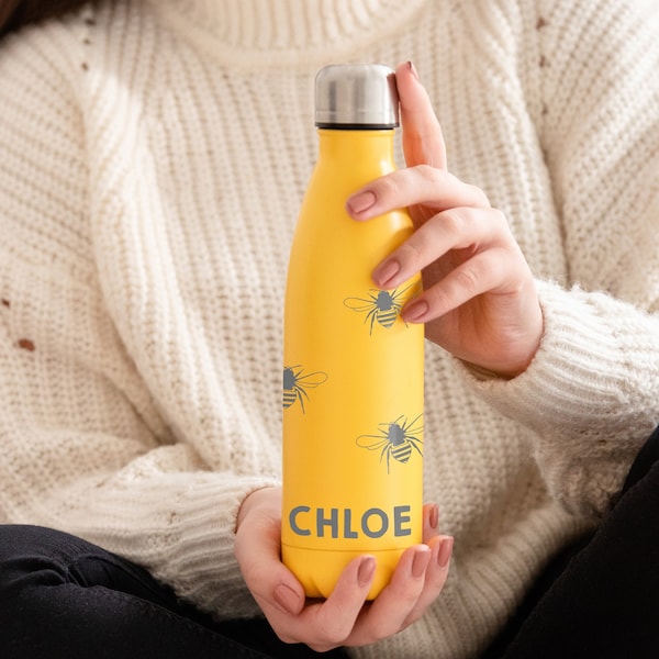 Bee Water Bottle, Stainless Steel Insulated Bottle, Personalised Reusable Bottle, Hot and Cold Flask, 500ml Metal Bottle, Hiking Gift