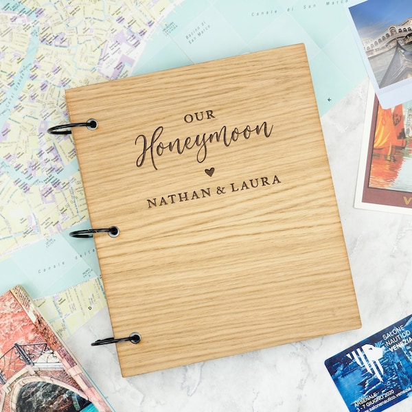 Honeymoon Scrapbook, Personalised Wedding Gift for Newlyweds, ‘Our Honeymoon’ Scrapbook, Engraved Memory Book for Couples, Honeymoon Journal