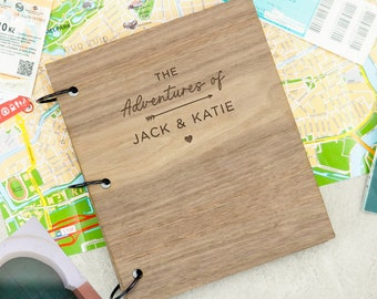 Personalised Couple's Travel Journal, ‘The Adventures of’ Wooden Scrapbook, Personalized Memory Book, Anniversary Gift for Him, Travel Gift
