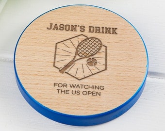 Personalized Wooden Tennis Drinks Coasters - Personalised Tennis Gifts For Men - Unique Engraved Birthday Present For Him