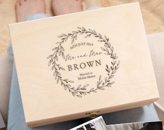 Personalised Wooden Wedding Keepsake Box For Couples - Personalized Memory Box Gift For Newlywed Bride and Groom