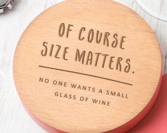 Funny Secret Santa Gifts for Women - Size Matters Personalised Wooden Drinks Coaster - Present Idea for Wine Lover (Red or White)