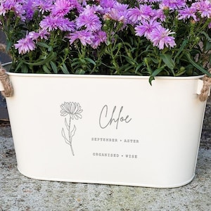 Birthday Gift for Her, Personalized Flower Plant Pot, Birth Month Flower Planter, Metal Planter Gift for Gardeners, Engraved Birthday Gift