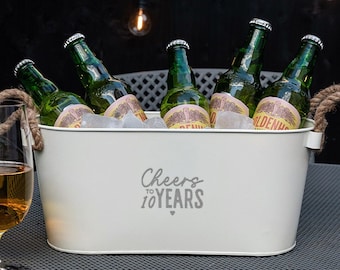 Bravo à 10 ans seau à glace en métal - Cadeau d’anniversaire de 10 ans pour femme - Cadeau d’anniversaire en étain pour mari - Cadeau de couples - Seau à vin