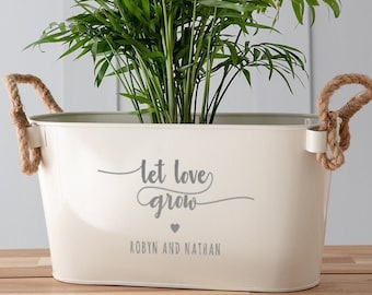 Personalised Enamel Planter 'Let Love Grow' - Personalized Housewarming Gift for Couples - Unique Anniversary Gifts for Women Men