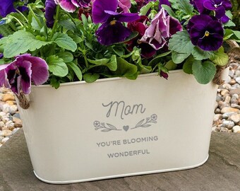 Engraved Flower Plant Pot 'Mom You're Blooming Wonderful' - Unique Indoor Outdoor Herb Planters - Birthday or Mothers Day Gifts for Mom