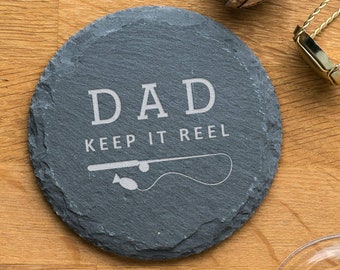 Personalised Funny Fishing Pun Slate Coaster - Funny Fathers Day Gifts For Daddy - Keep It Reel Pun Gift For Dad