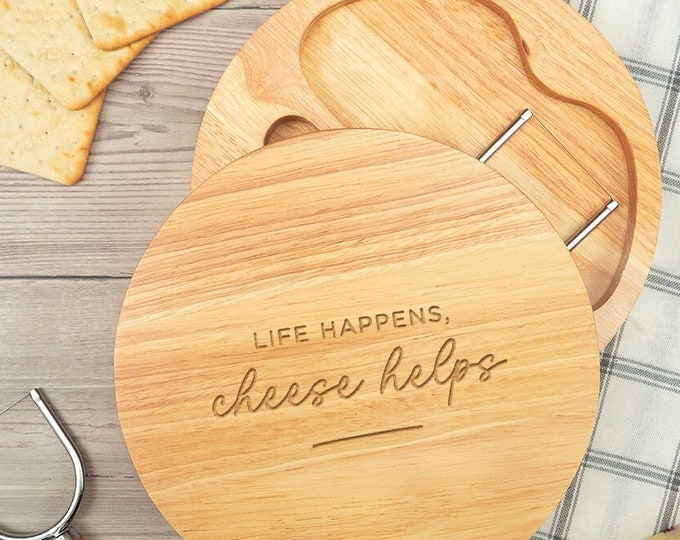 Life Happens Cheese Helps Engraved Cheese Board Set - Birthday Gift for Friend Woman Her - Positivity Gifts For Men Him - Cheese Lover Gifts