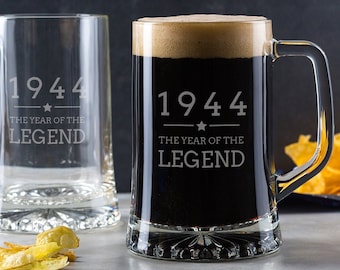 Engraved Beer Tankard -"1944 Year of The Legend" Design - 80th Birthday Gifts for Men Him - 20oz Glass