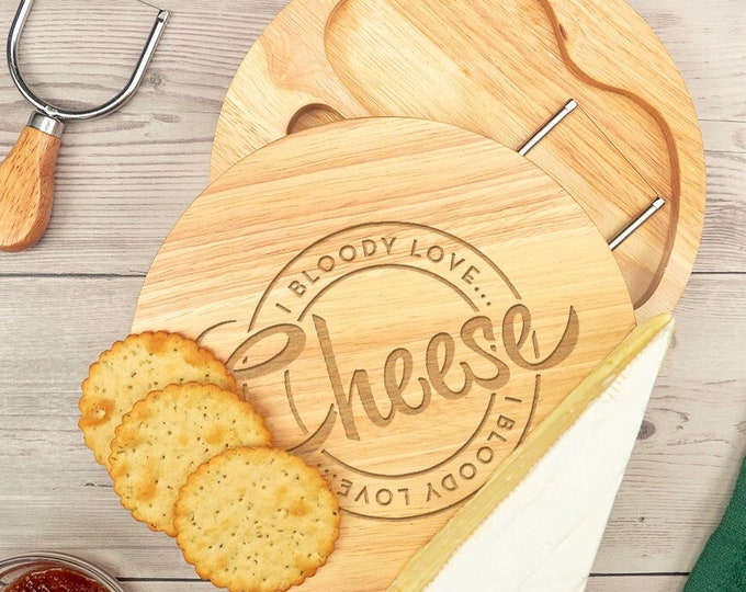 Cheese Board and Tool Set 'I Bloody Love Cheese' - Cheese Lovers Gift - Birthday Gift for Him Her - Housewarming Gift - Cheese Accessories