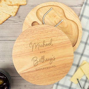 Personalised Cheese Board Set - Anniversary Gifts for Couples Boyfriend Girlfriend - Round Wooden Cheeseboard - New Home Gift for Couples