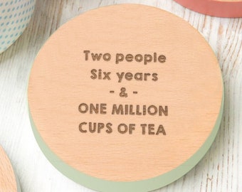 Personalised Wooden Drinks Coaster for Couples - Personalized Valentines Day Gifts for Him Her - Unique Anniversary Present for Tea Lovers