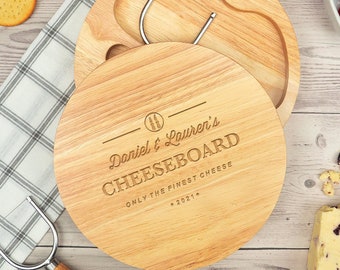 Personalised Cheese Board Set - Unique Anniversary Wedding Gift for Couples Men Women Newly Weds - Round Wooden Cheeseboard with Tools