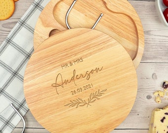 Personalised Wedding Gift, Cheese Board Set, Wedding Anniversary Gift for Husband and Wife, Round Wooden Cheeseboard with Tools, Wife Gift