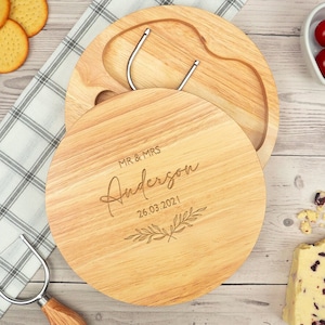 Personalised Wedding Gift, Cheese Board Set, Wedding Anniversary Gift for Husband and Wife, Round Wooden Cheeseboard with Tools, Wife Gift